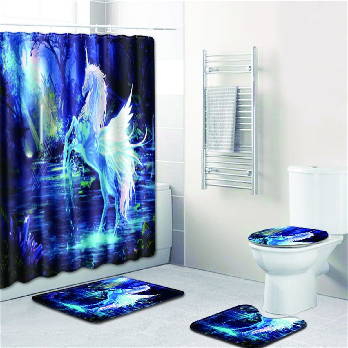 

Bathroom Horse Shower Curtain Toilet Cover Mat & Pedestal Rug Mat & Bath Nonslip Mat