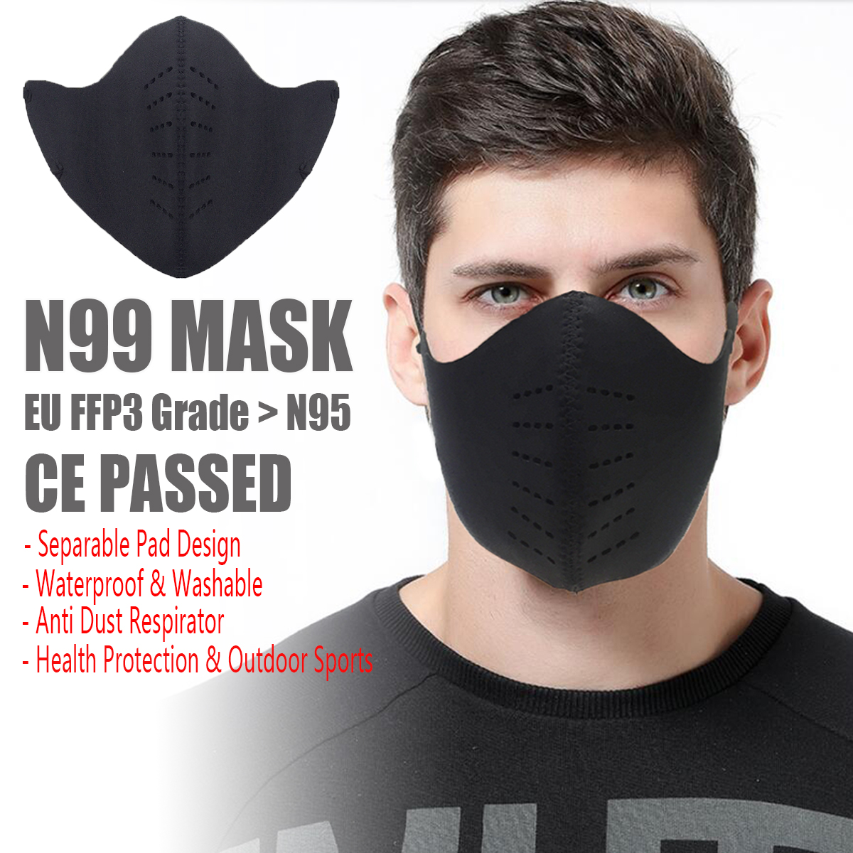 N99 FFP3 Face Mask Water Dust PM2.5 Proof Anti Smog Adjustable Nose Clip Filter Mouth Mask Protection W/ Filtration Pad