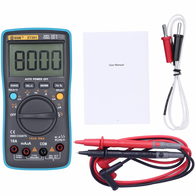 

BSIDE ZT301 Digital True RMS Auto Range 8000 Counts Multimeter AC DC Current Voltage Resistance Capacitance Frequency Temperature Duty Cycle Tester