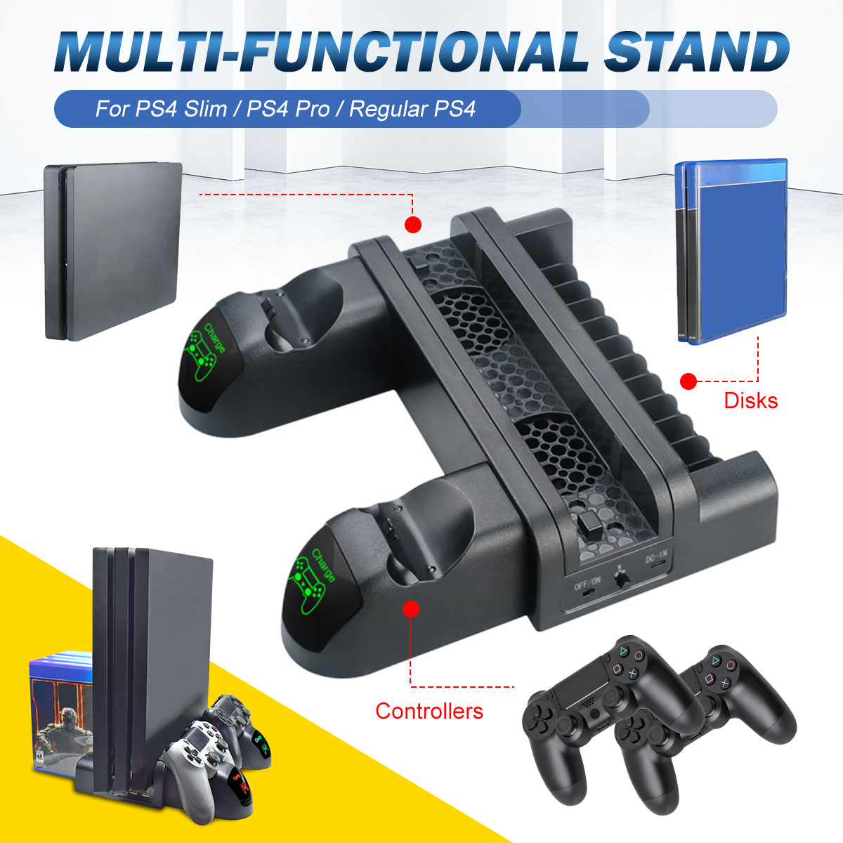 3-in-1 Vertical Charging Stand Station Dock Charger for Game Controller Cooler Cooling Fan for PlayStation 4 PS4 Slim PS4 Pro 13