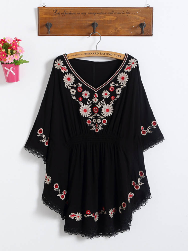

Women Folk Style Loose Embroidered Batwing Sleeve Blouse
