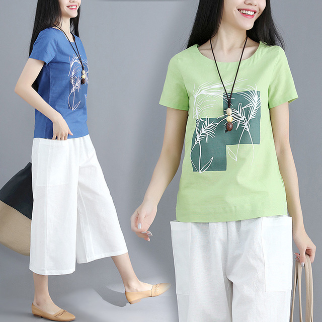 

Хлопок и лен с принтом с короткими рукавами футболки женские льняные дна Рубашка большого размера женские свободные тонкие Рубашка
