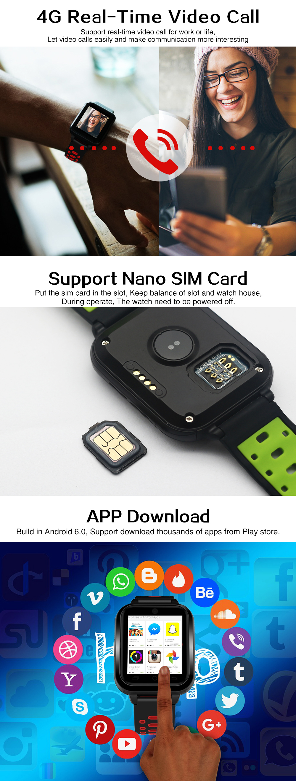 FINOW Q1 Pro Android6.0 4G Phone Call 1G RAM 8G ROM GPS WIFI IP67 Waterproof Smart Watch 16