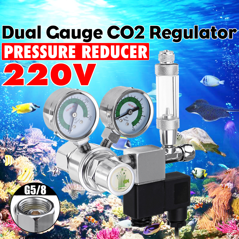 LST100-01 220V G5/8 CO2 Regulator for Aquarium CO2 Decompression Table Dual Pressure Gauge Bubble Counter Solenoid Valve Pressure Adjustable