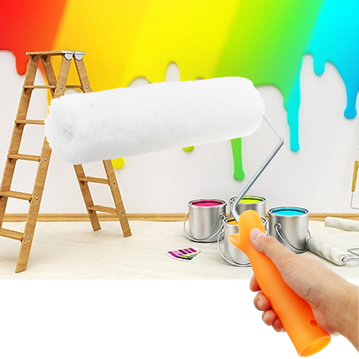 Красящий стену маляр. Валик для краски. Краска и кисти с валиками. Реклама краски для стен. Краски для ремонта.
