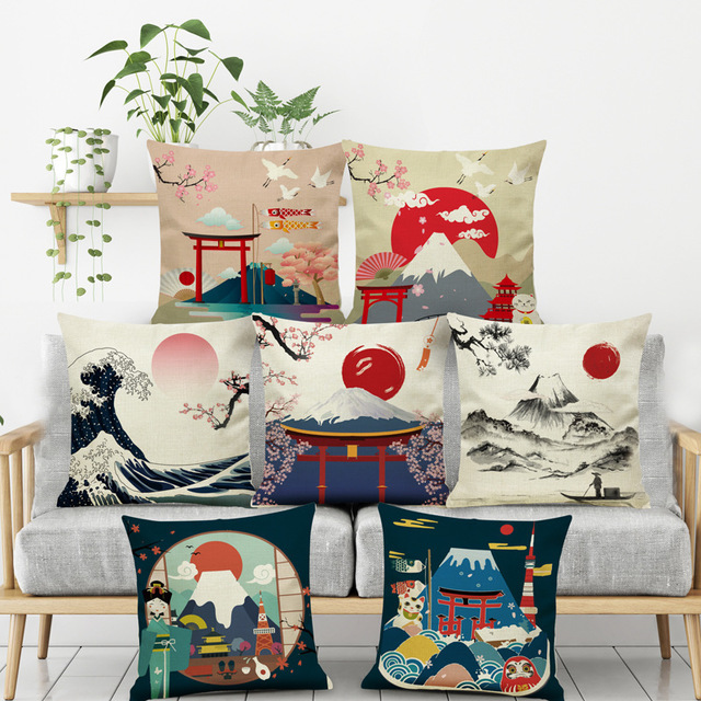 

Mt. Fuji Ethnic Retro Linen Sofa Cushion Cover Japanese Style And Wind Fabric Ukiyo-e Linen Pillow