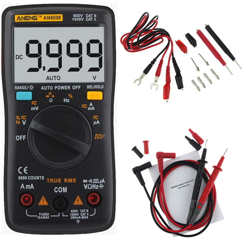 

ANENG AN8008 True RMS Digital Multimeter 9999 Counts Backlight AC DC Current Voltage Resistance Frequency Capacitance Tester Square Wave Output Black