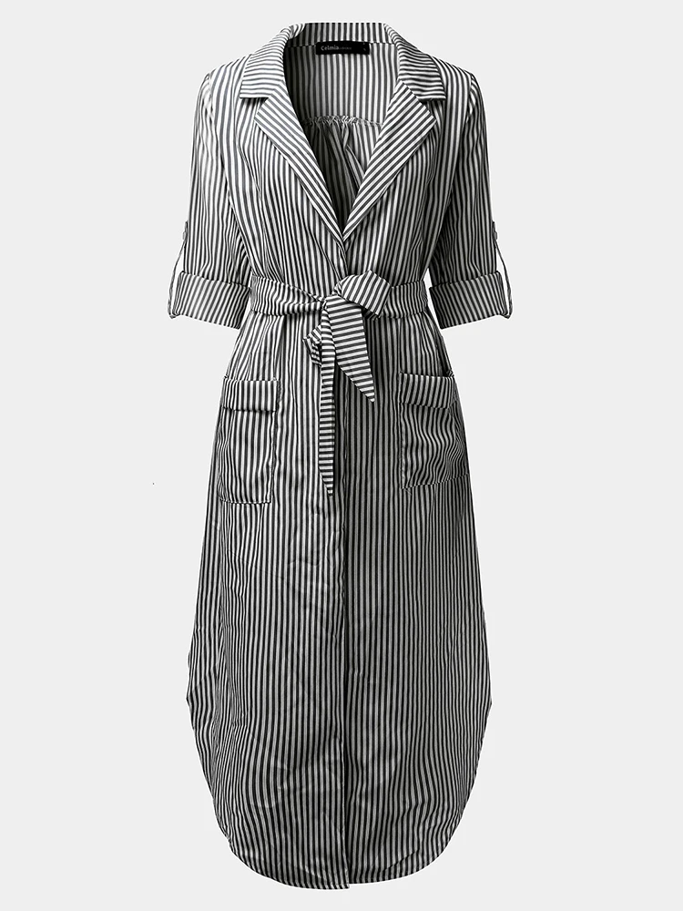 Casual Women Turndown Collar Adjustable Sleeve Side Split Striped Shirt Dresses