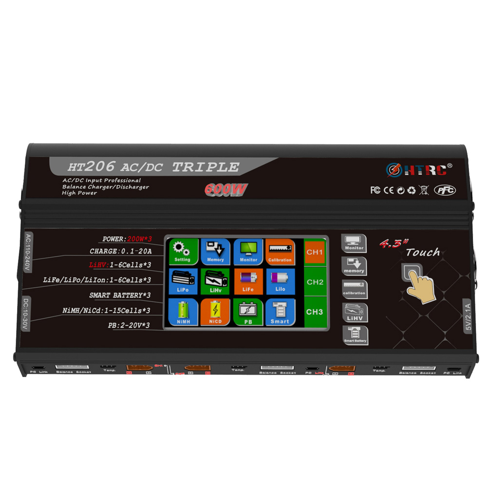 

HTRC HT206 TRI AC/DC 3X200W 3X20A 4.3 Inch LCD Touch Screen Battery Balance Charger Discharger