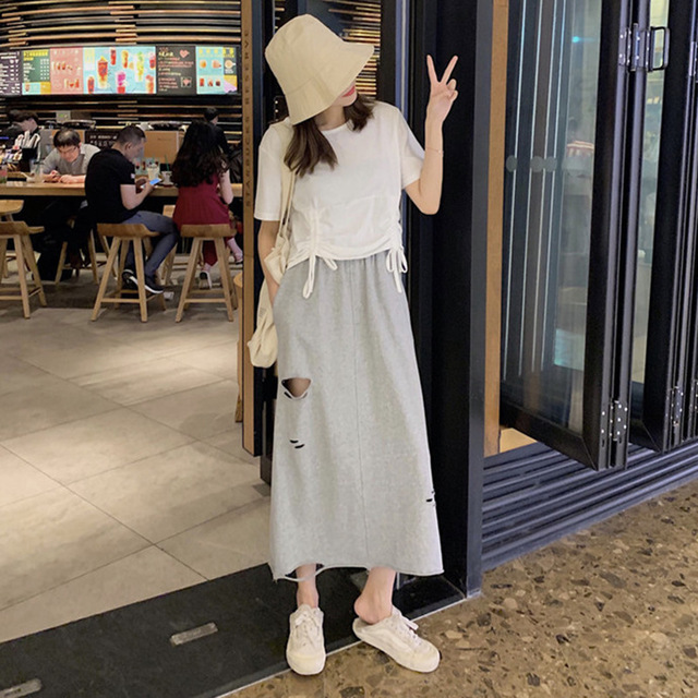 

Season New Loose High Waist Wild Hole In The Long Paragraph Solid Color A Word Half Skirt Student Female