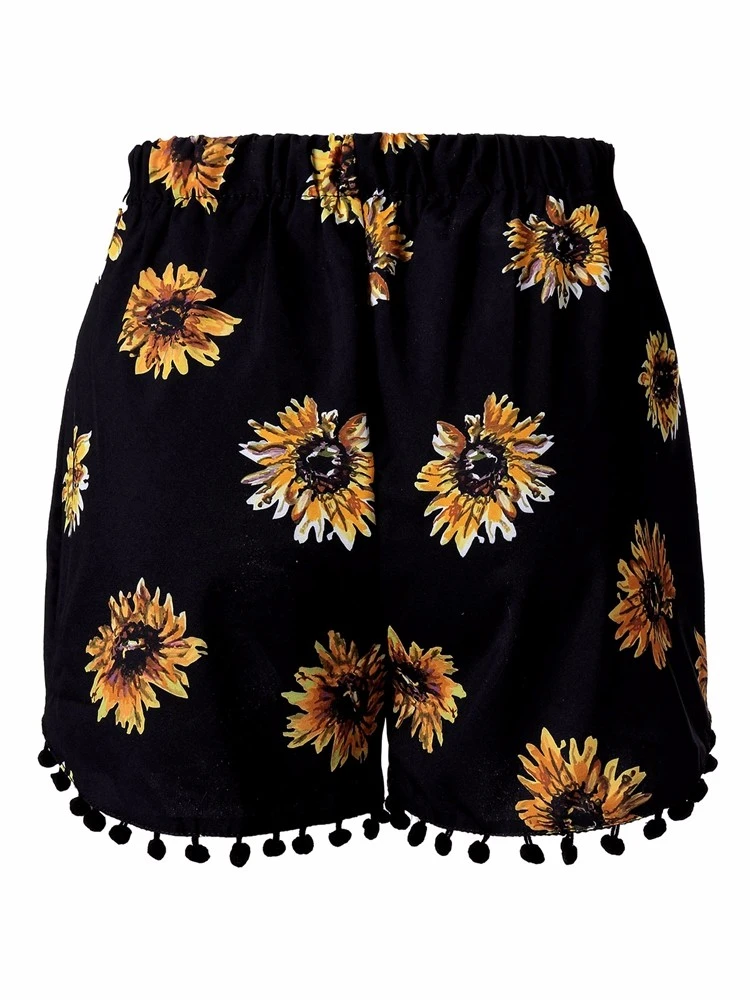 Black Women Elastic High Waist Floral Printed Shorts Casual Beach Shorts