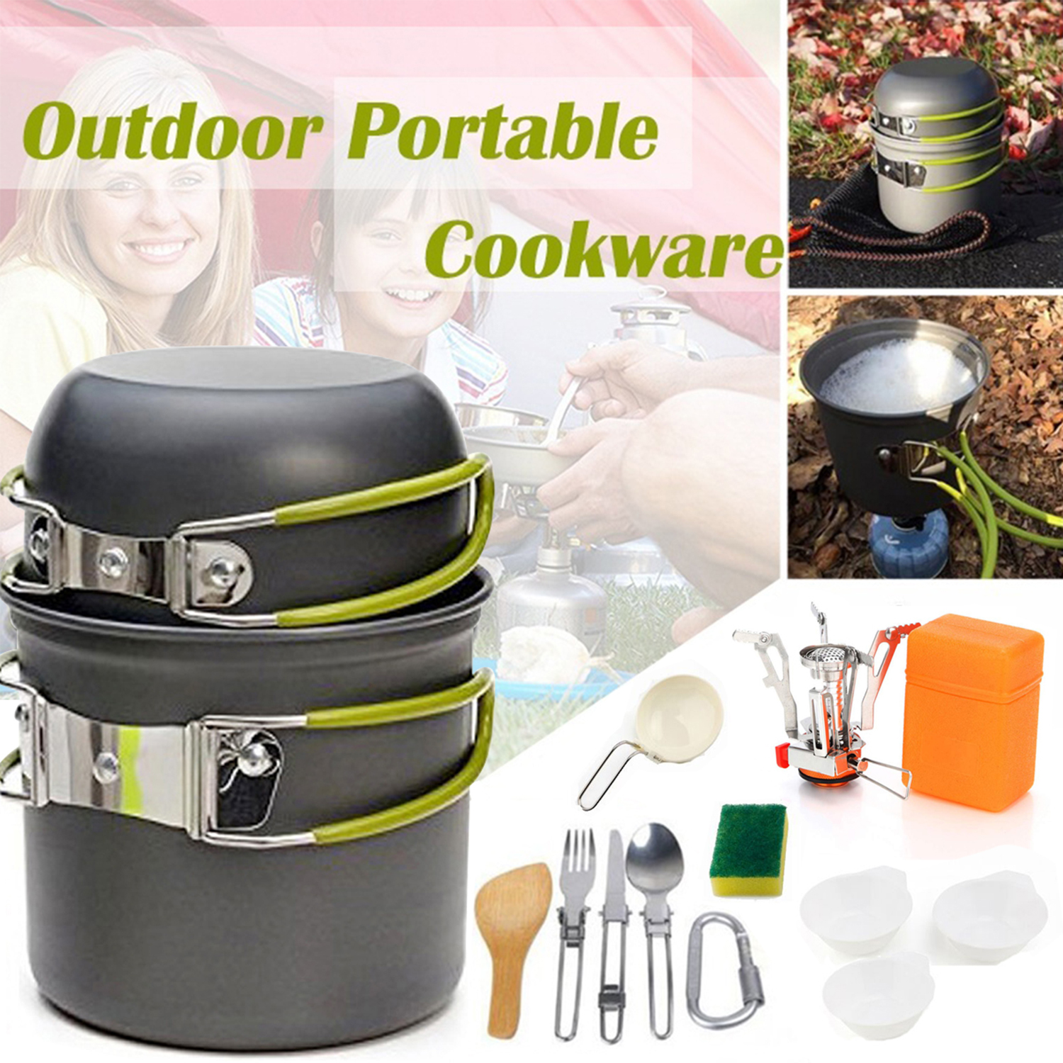 GL Portable Light Outdoor Camping Cookware Sets Gas Stove with Foldable Tableware Pan Dishwashing Sponge Hiking Picnic Tool 1