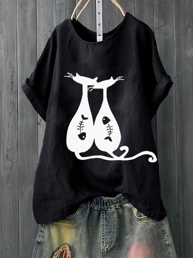 

Women Print Fish Bone Cats Short Sleeve Casual Cute T-Shirts