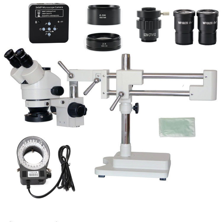 

3.5X 7X 45X 90X Double Boom Stand Zoom Simul Focal Trinocular Stereo Microscope+34MP Camera Microscope For Industrial PCB Repair
