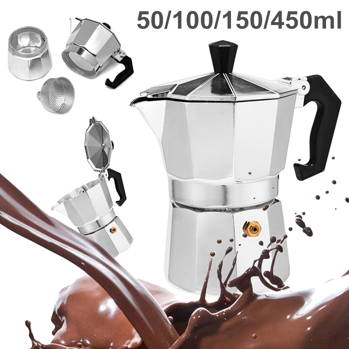 50 / 100 / 150 / 450ml Silver Aluminum Octagonal Mocha Coffee Pot Cup Percolator Maker Tea Pot 15