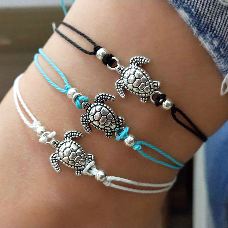 

Bohemian Turtle Anklets Adjustable Wax Rope Black Blue White