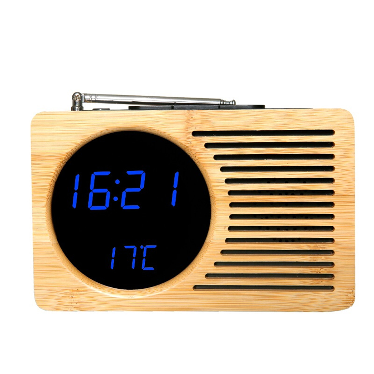 

Retro Bamboo LED Digital FM Radio Alarm Clock Sound Control Time Date Temperature for Bedroom Office Home