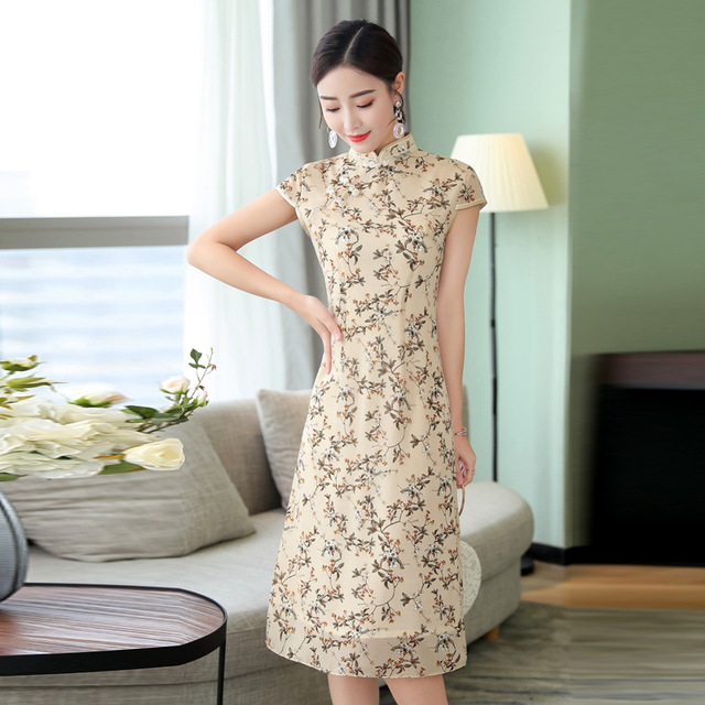 

Fashion Women's Dress Print Season New Slim Long Section Improved Short Sleeve Small Floral Cheongsam Dress