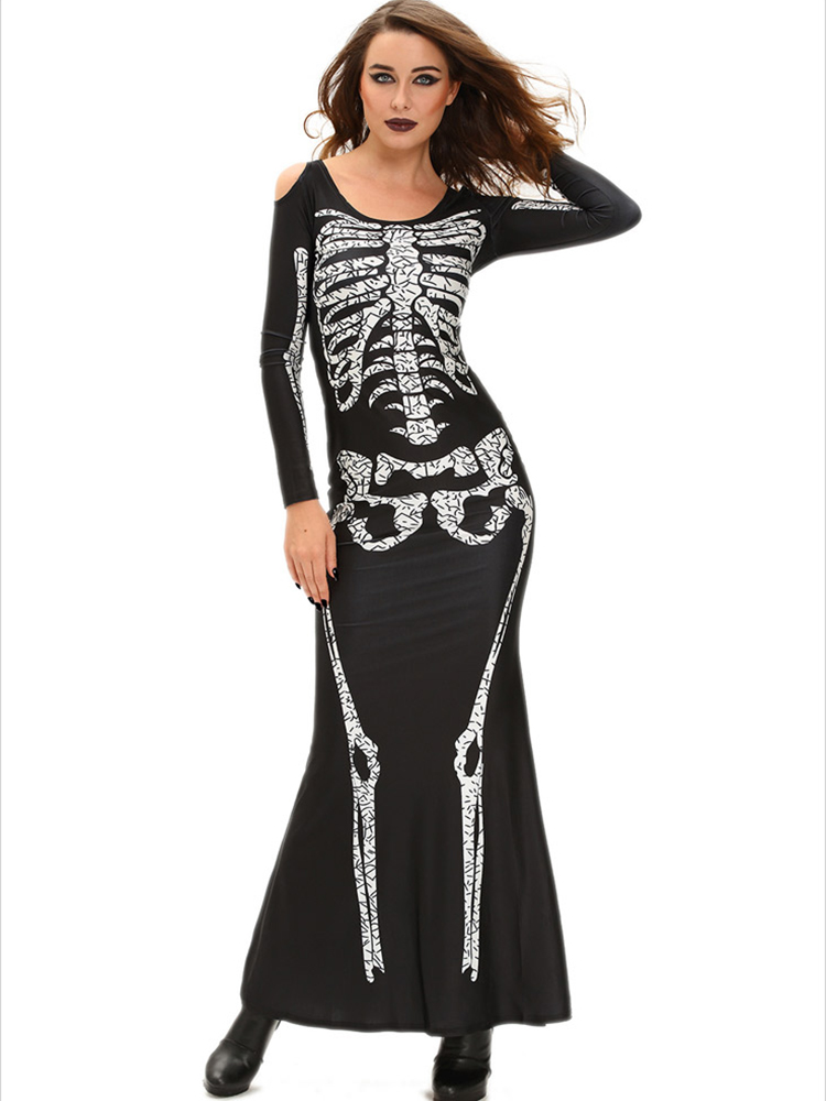 Halloween Skeleton Cold Shoulder Long Sleeve Women Maxi Dress