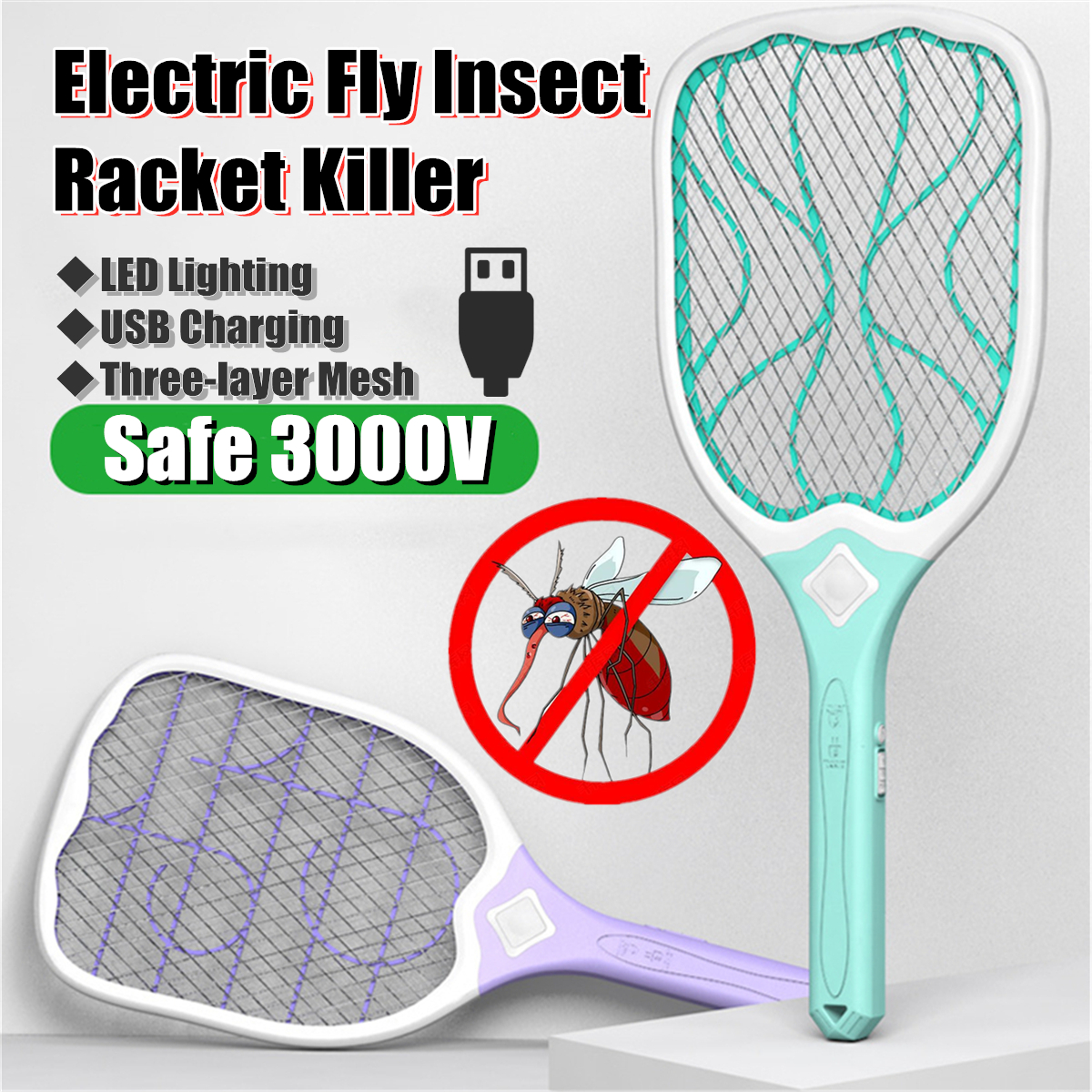 3000V 220V/50Hz USB Rechargeable Electric Mosquito Flying Swatter LED Electric Fly Killer