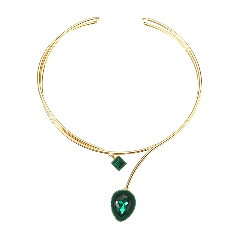 JASSY® Женское 18K Позолоченный кристалл ожерелье Зеленый драгоценный камень Drop Кулон Two Layer Collar Gift