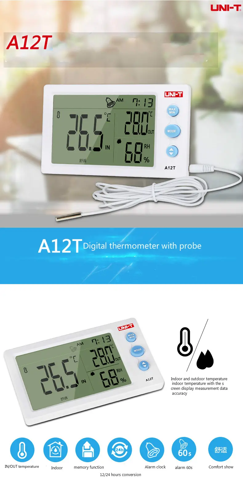 UNI-T A12T Digital LCD Thermometer Hygrometer Temperature Humidity Meter Alarm Clock Weather Station Indoor Outdoor