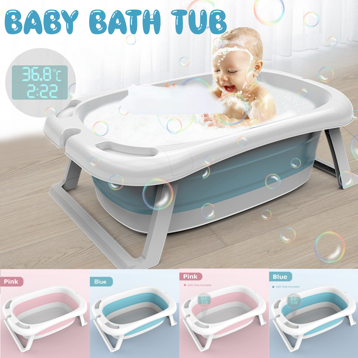 Folding Baby Bath Tub Reclining Bath Barrel Newborn Bathtub Shower + Thermometer 12