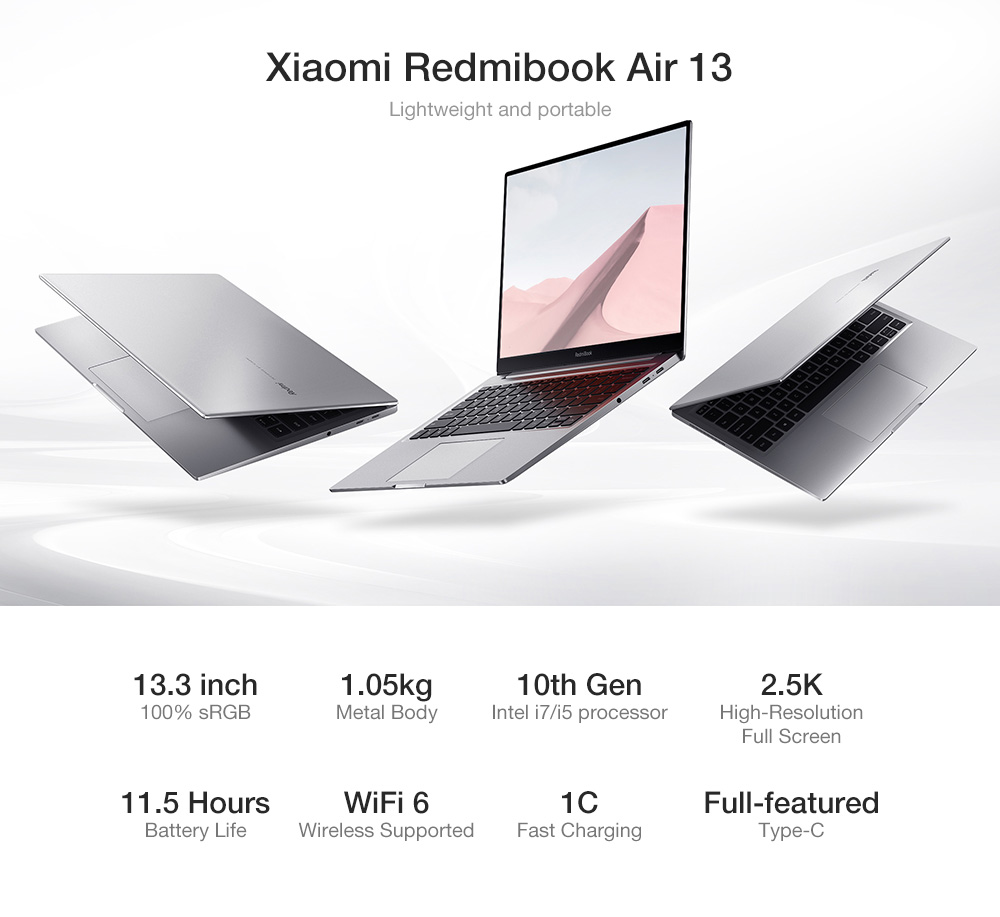 Xiaomi RedmiBook Air 13.3 inch 2560*1600 High Resolution Intel i7-10510Y 16G RAM 512GB SSD 89% Ratio 100%sRGB WiFi 6 Type-C Fast CHargering 1KG Lightw 6