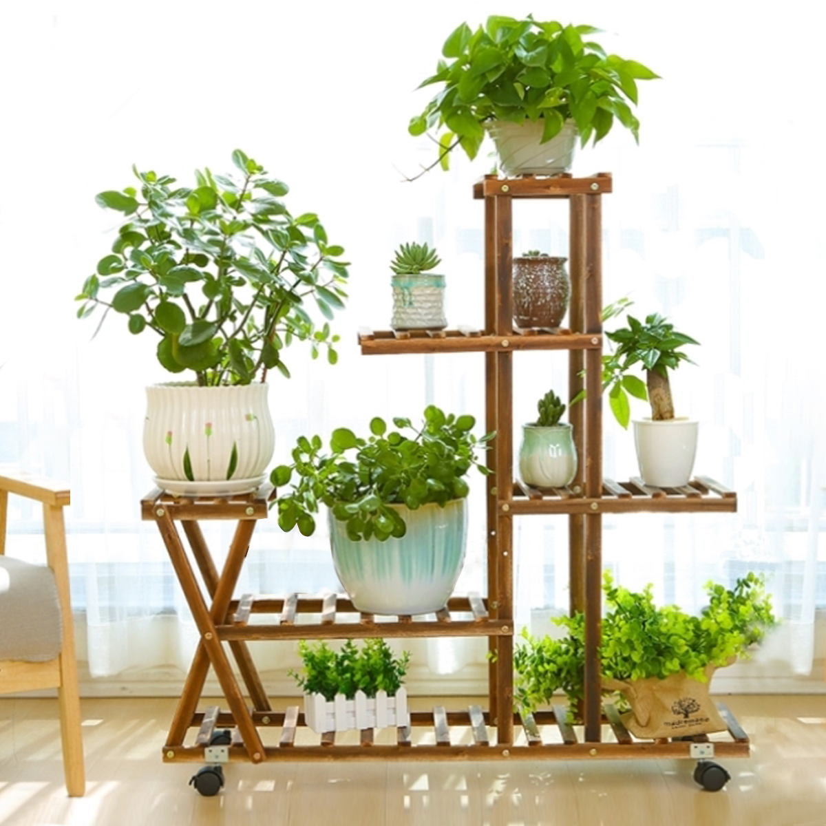 Wooden Plant Flower Pot Stand Shelf Indoor Outdoor Garden Planter With Wheels 9
