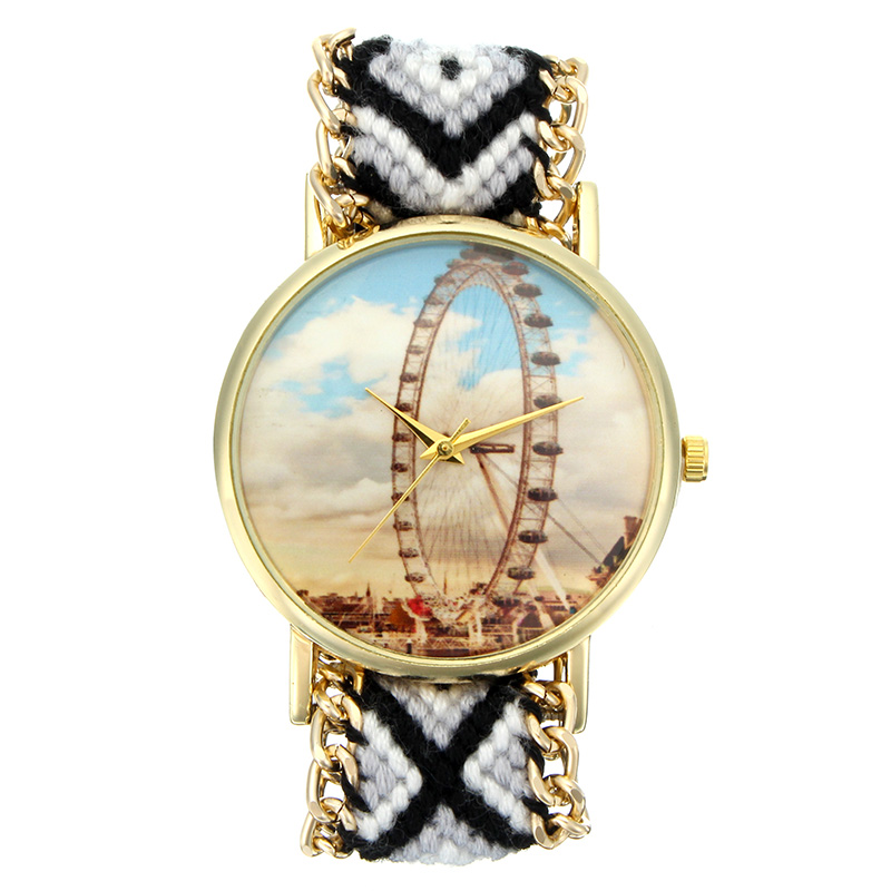 

Пользовательский народный стиль Женское Часы Ferris Wheel Alloy Чехол Вязаный ремешок из ткани Случайные ретро кварцевые наручные часы