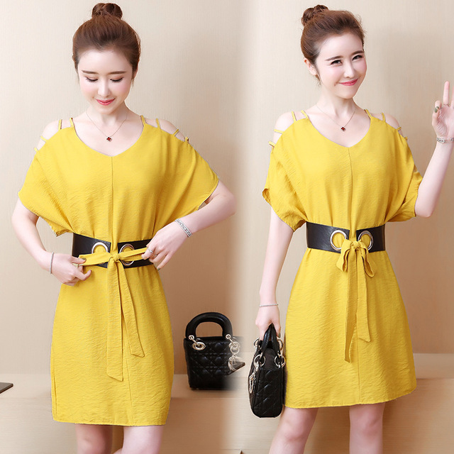 

New Year's New Large Size Women's Loose Tie Slim V-neck Strapless Bat Short-sleeved Ice Silk Dress