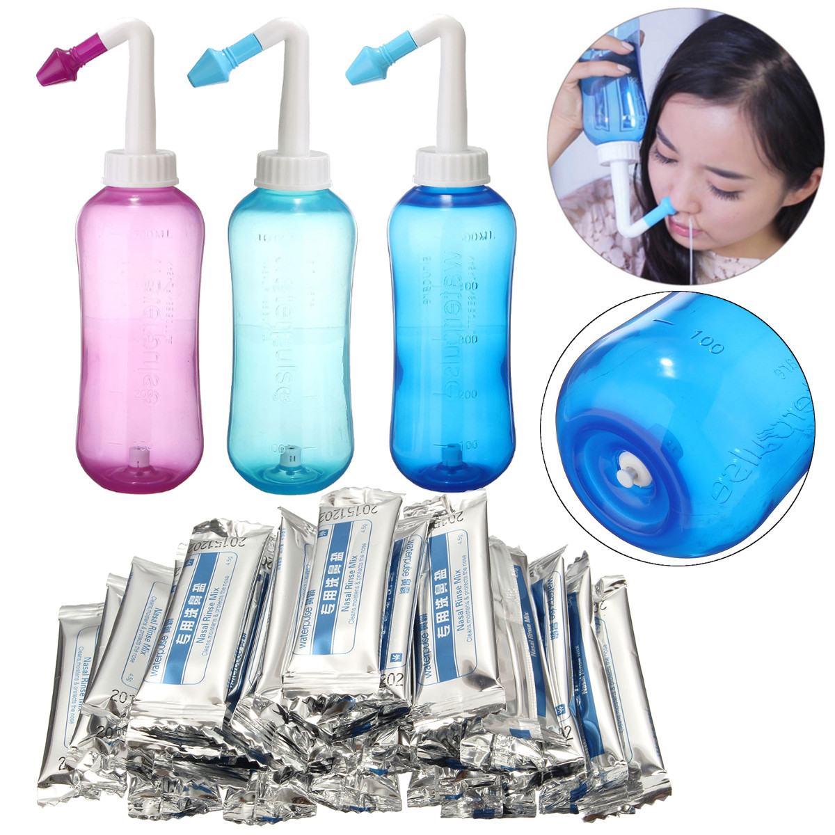 

500ml Neti Pot Nasal Rinsing Nose Wash System Sinus Irrigation with 30 Bag Wash Salt Nasal Irrigator Washing