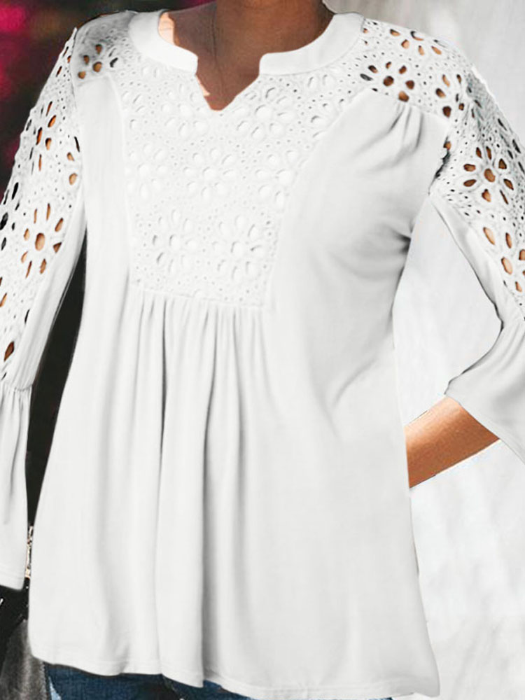 

Women Casual 3/4 Sleeve Lace Crochet Solid Color Blouse