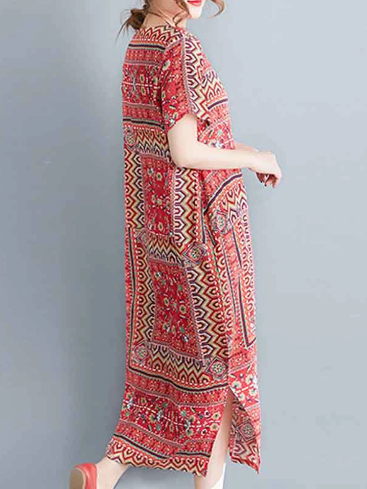 Ethnic Women Floral Print Short Sleeve Split Cotton Vintage Dress