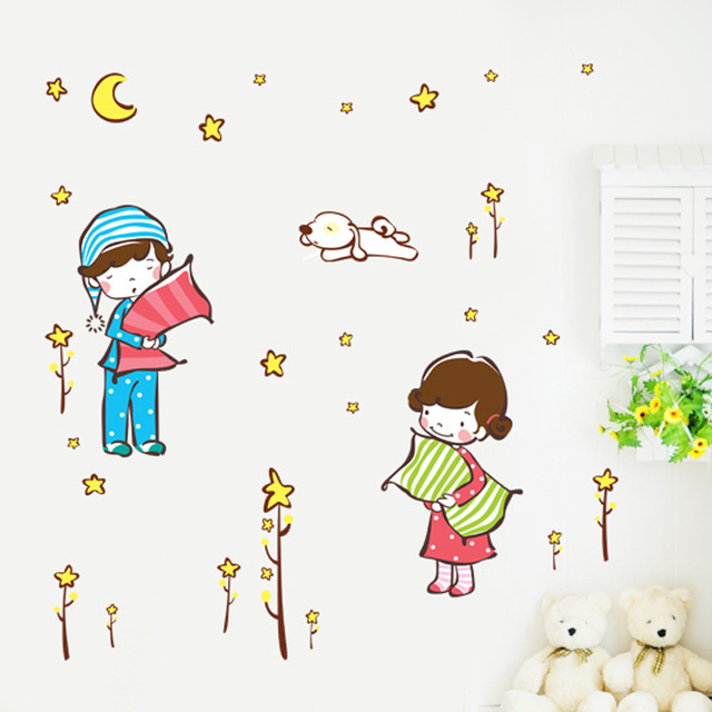 

Wall Stickers Children Room Cartoon Boy Girl Couple Stickers Baby Bedroom Kindergarten Decoration Wallpaper Mural