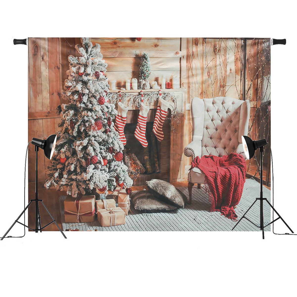 

7x5ft Christmas Fireplace Christmas Tree Chair Gift Stockings Photography Backdrop Studio Prop Background