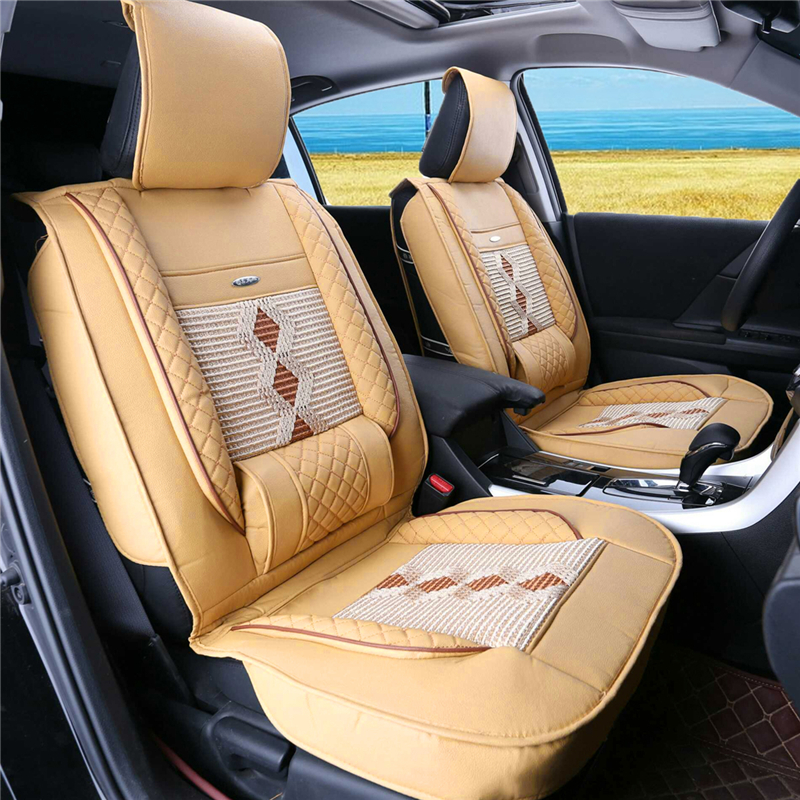 1Pcs PU Leather Car Front Seat Cover Cushion w/ Ice Silk Black/Beige Universal