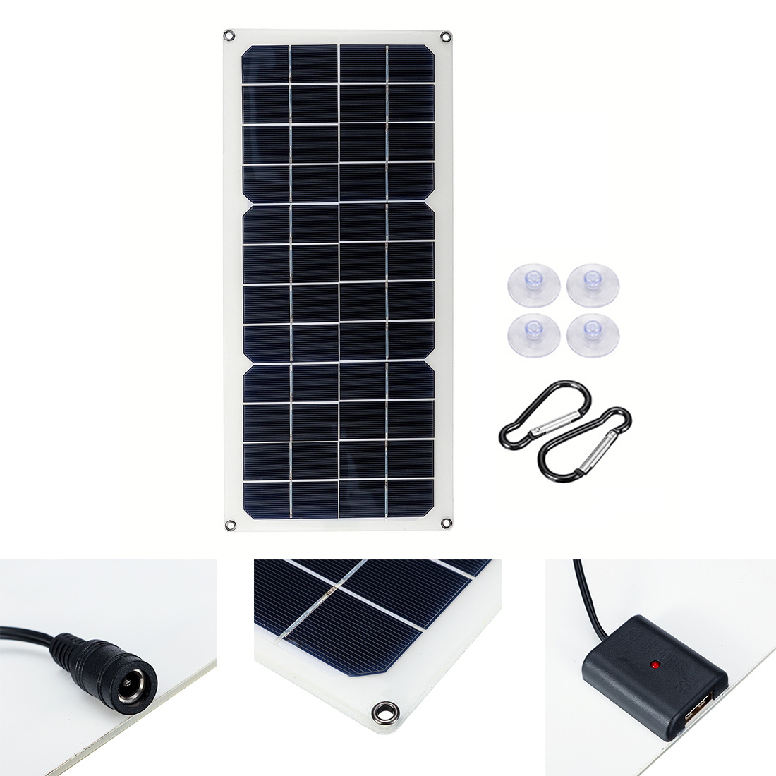 

10W 16V 0.9A Monocrystalline Silicon Semi-flexible Solar Panel with Single USB Charger + DC Junction Box + 4 x Suction Cup + 2 x Carabiner