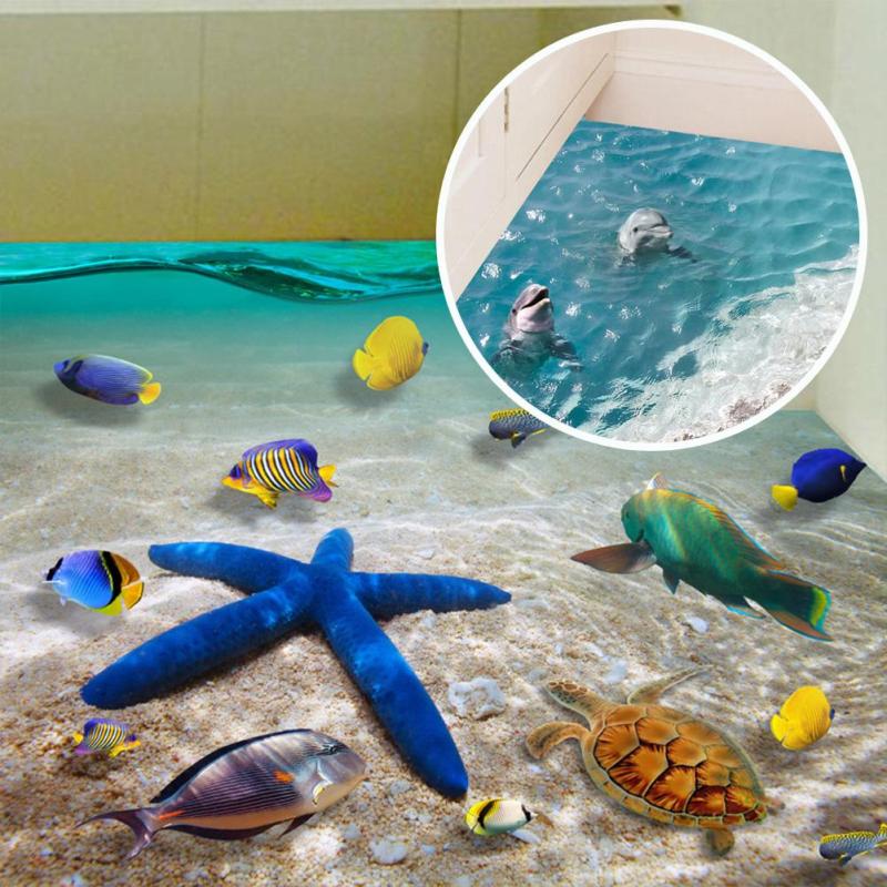 

Creative Wall Sticker Cartoon Starfish Dolphin 3D Ocean Beach Floor Stickers Removable Mural Decal
