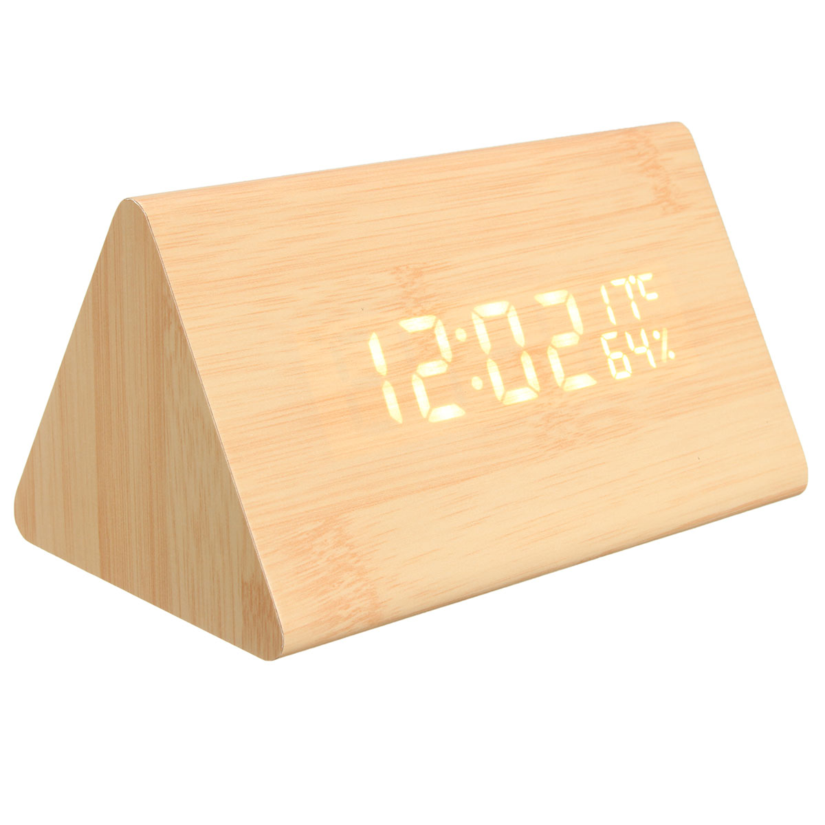

Loskii HC-31 USB Voice Control Wooden Wooden Triangle Temperature LED Digital Alarm Clock Humidity Thermometer