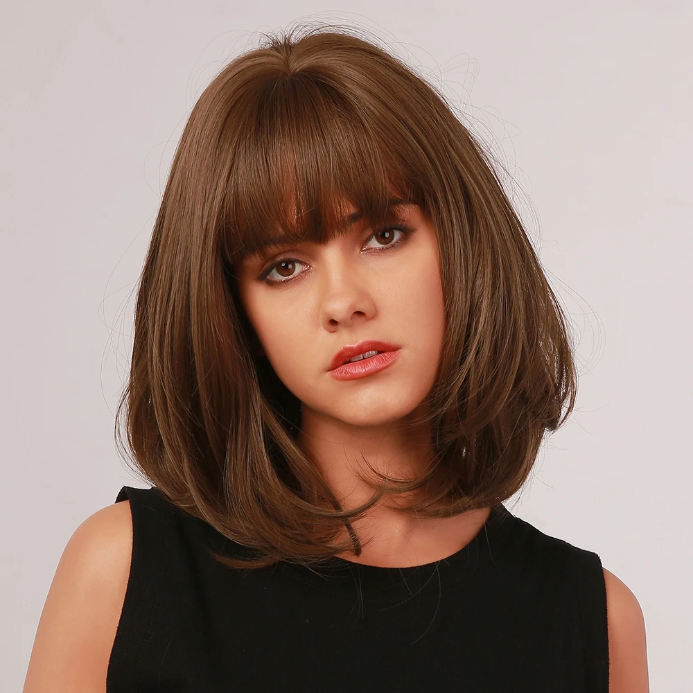 Find 12 Inch Dark Brown Short Straight Hair Bangs Bob Head Full Head Cover Wig for Sale on Gipsybee.com