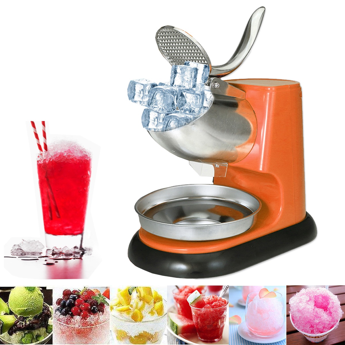 

300W Commercial Electric Ice Crushing Machine Ice Crusher Shaver Snow Cone Orange Ice Maker