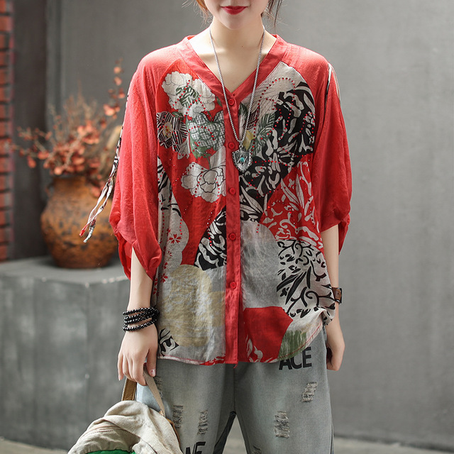 

Qi Qi Draw Season New Print Seven-point Sleeve V-neck Shirt Female Days Silk Hemp Shoulder Sleeves Women Loose Large Size
