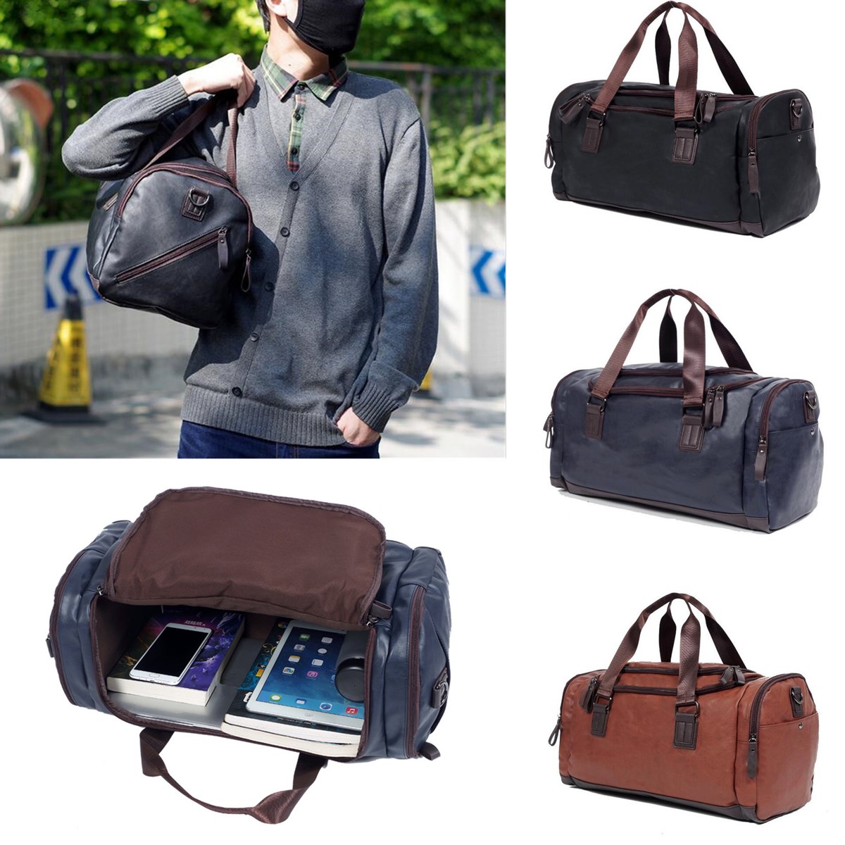 

Men Large Capacity PU Leather Travel Gym Bag Handbag Tote Duffle Shoulder Pouch