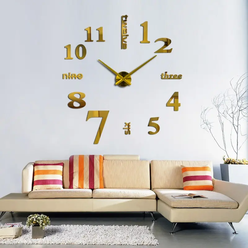 New 3D DIY Mirror Surface Wall Clocks Living Meeting Room Decorative Wall Watches 