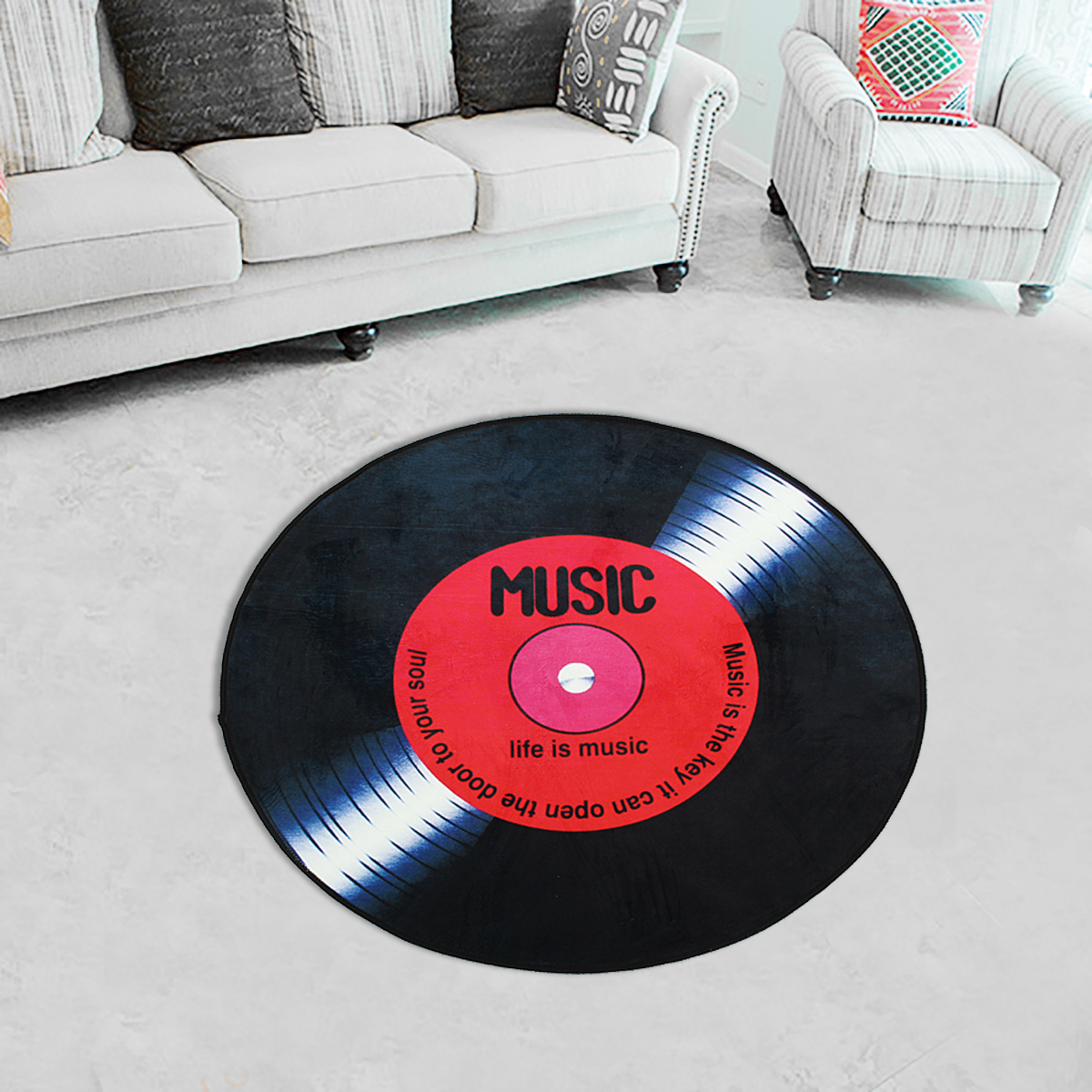 

60/80/100/120cm Vinyl Record Printed Soft Fabric Round Floor Mat Carpet Room Area Bedroom Rug