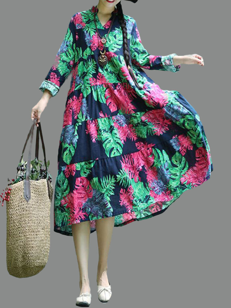 

Винтаж Женское Цветочные печати V-образным вырезом с длинными рукавами Loose Платье