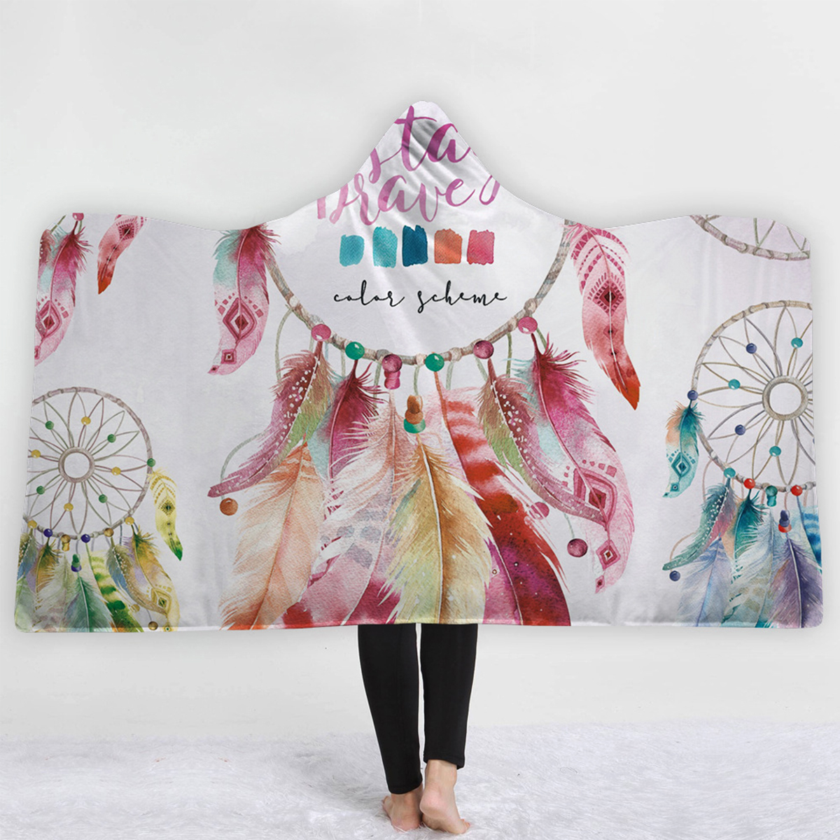 

Bohemia Style Blankets Dream Catcher Watercolor Painting Hooded Blankets Warm Coral Fleece Sherpa Fabric Feather Drawing Throw Blankets