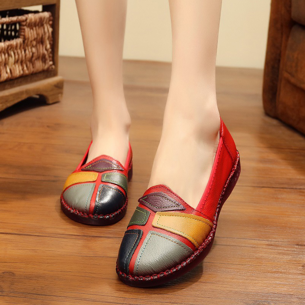 

Retro Stitching Splicing Slip On Flats Leather Shoes