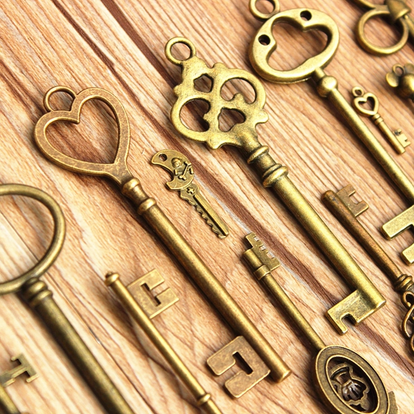 Vintage Bronze Key Pendants, Skeleton Heart Key Pendants